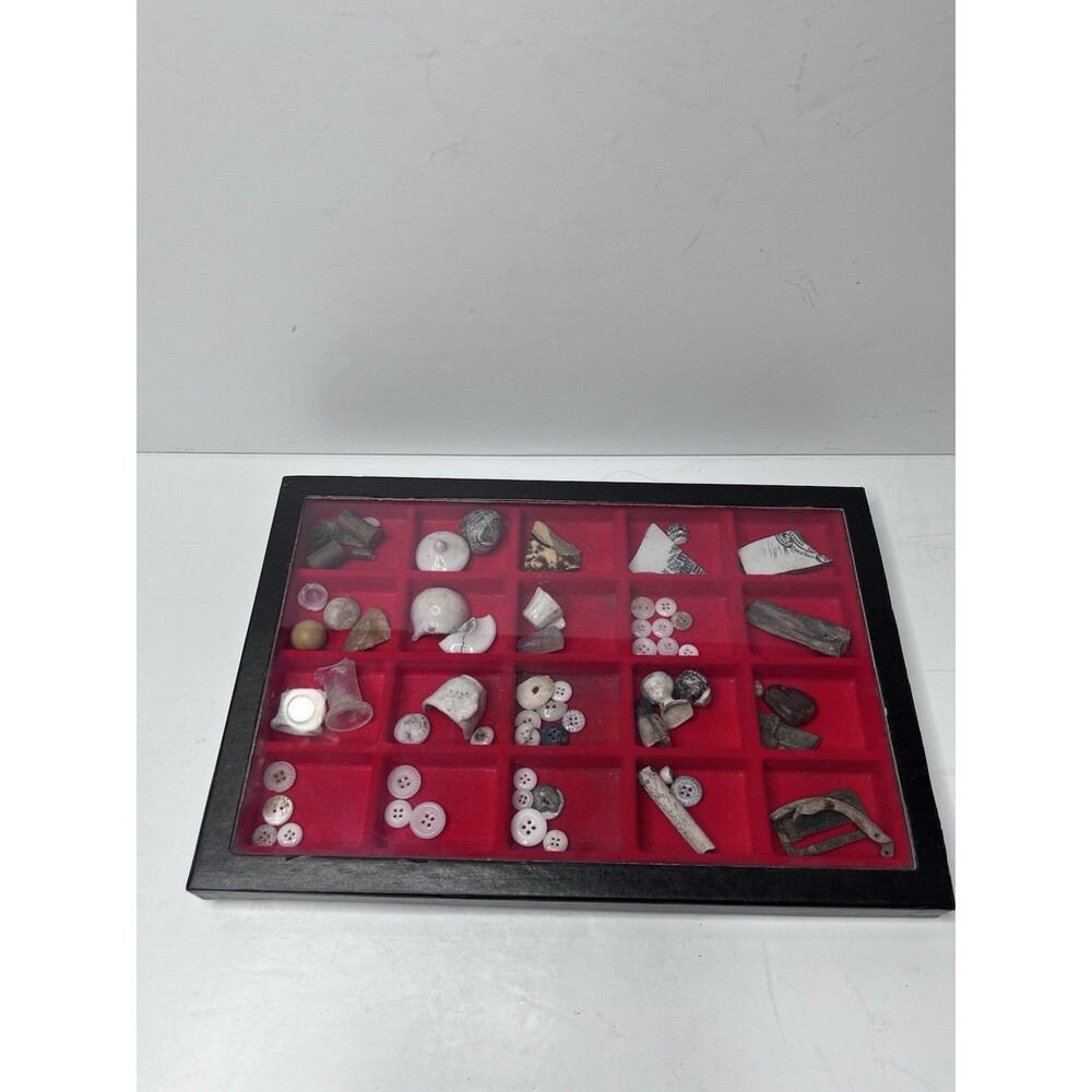 Vintage Shadow Box Display Case Compartments Red Velvet Curio Trinkets Buttons